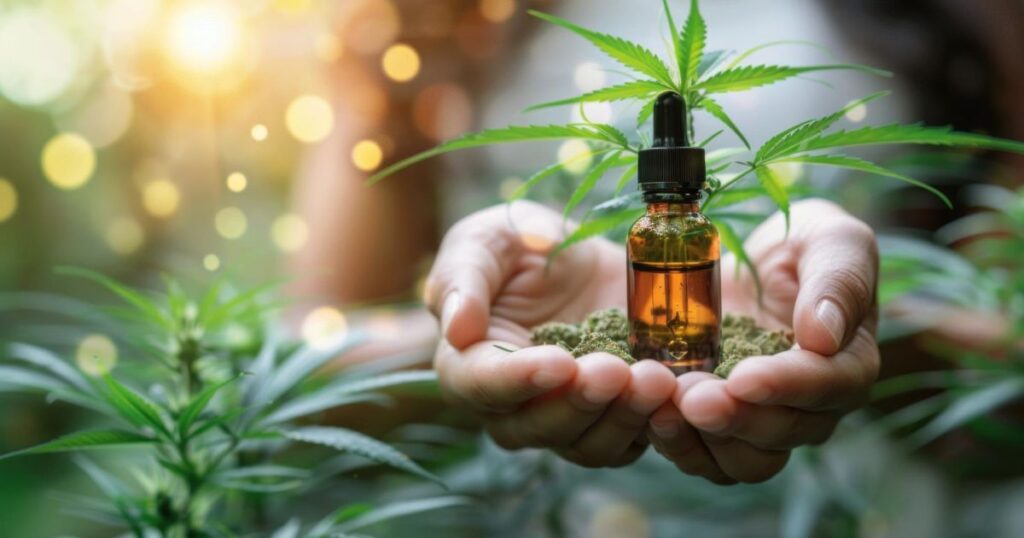 Cannabis CBD oil bottle with cannabis leaves representing medical cannabis, wellness products, and evidence-based health research.