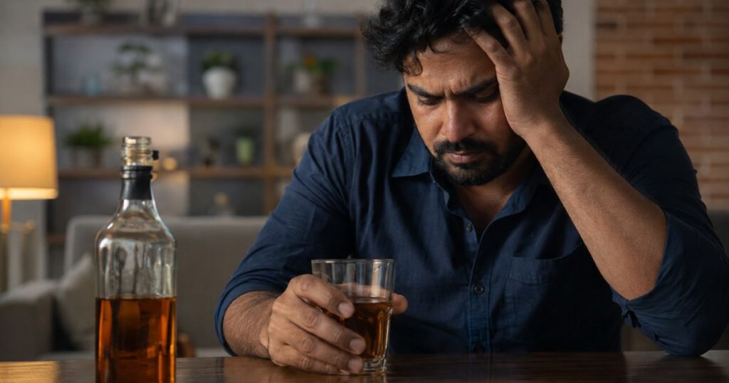 Man holding a glass of alcohol, illustrating that alcohol addiction is defined by loss of control rather than daily drinking.
