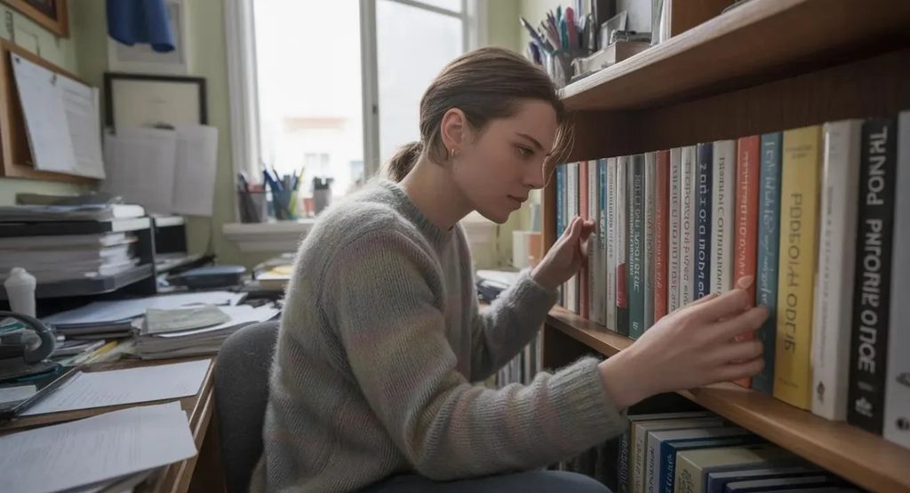Woman organizing books on a shelf, representing neatness and OCD-related behaviors